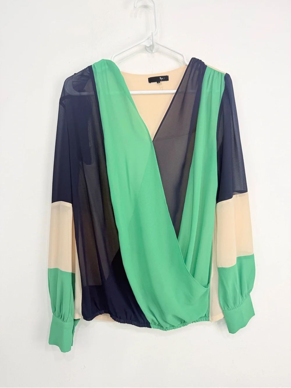 Ryu Colorblock Navy Cream Green Drape Front V Neck Semi Sheer Long Sleeve Blouse